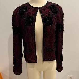 Papell Boutique Burgundy and Black Beaded Jacket